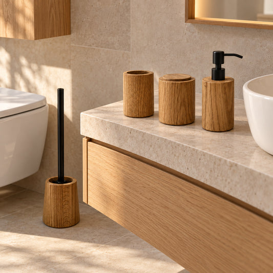 Badaccessoires aus Eiche am steinernen Waschtisch, mit passender WC-Bürste neben der Toilette.