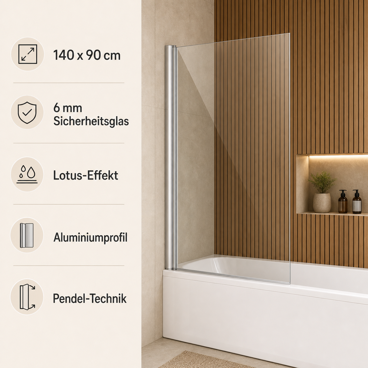 Badewannenabtrennung aus Glas mit Spritzschutz, moderner Optik und einfacher Reinigung