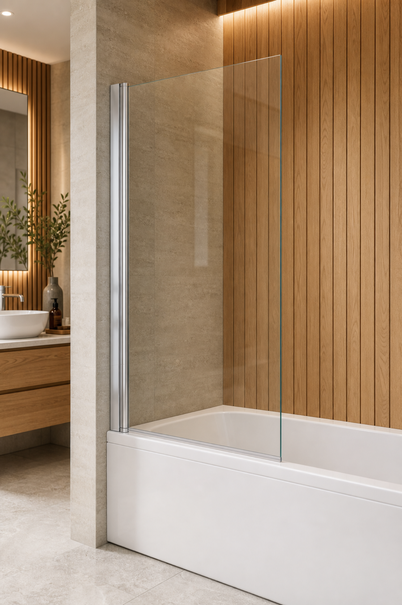 Badewannenglasabtrennung 140 x 90 cm in modernem Badezimmer mit Holzoptik und klarer Glaswand