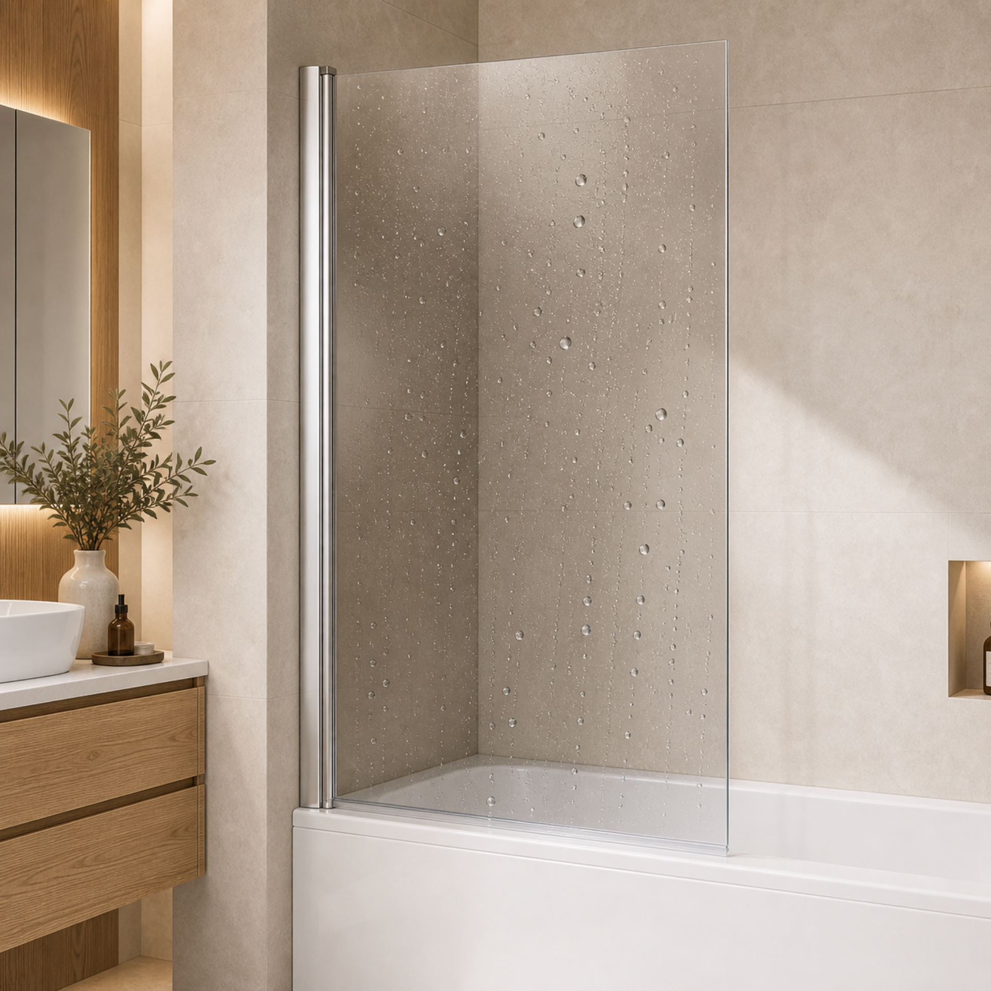 Badewannenglasabtrennung mit Lotus-Effekt für pflegeleichte Reinigung und weniger Wasserflecken