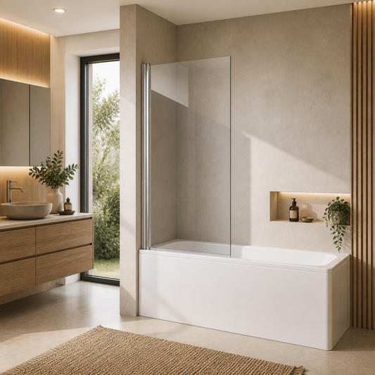 badewannenglasabtrennung-140x90cm-modern-bad-holz:
Badewannenglasabtrennung 140 x 90 cm aus klarem Glas in modernem Bad mit Holzoptik