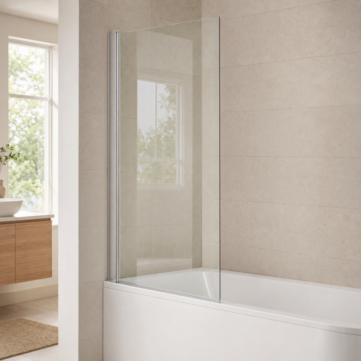 Seitenansicht einer Badewannenglasabtrennung 140 x 90 cm auf weißer Badewanne