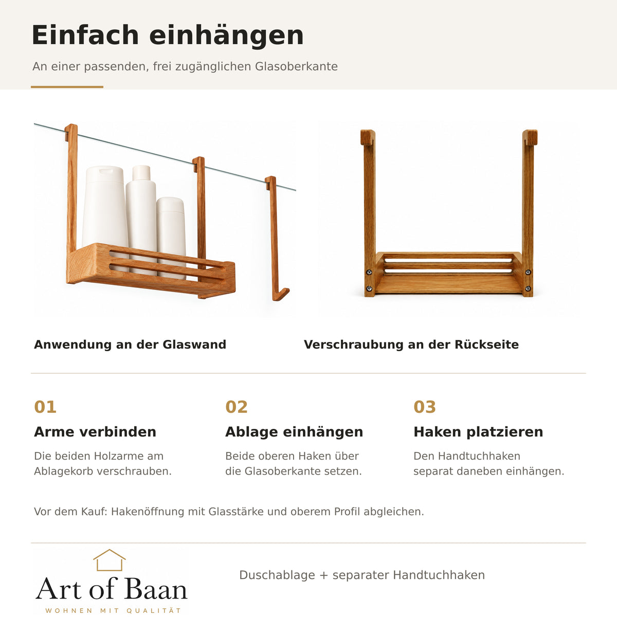 Montagegrafik mit Originalfotos der Einhängung an der Glasduschwand und der rückseitigen Verschraubung der Holzarme am Ablagekorb, mit Art-of-Baan-Logo.
