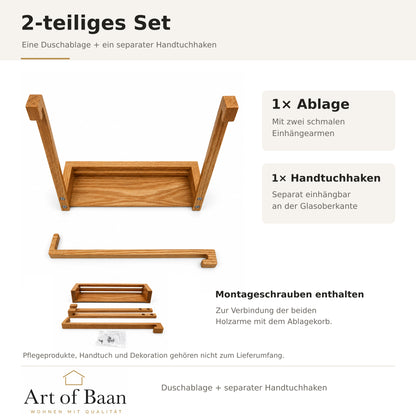 Lieferumfang des zweiteiligen Sets: eine Eichenholzablage, ein separater Handtuchhaken und Montageschrauben für die Holzarme; mit Originalfoto der Einzelteile und Art-of-Baan-Logo.

