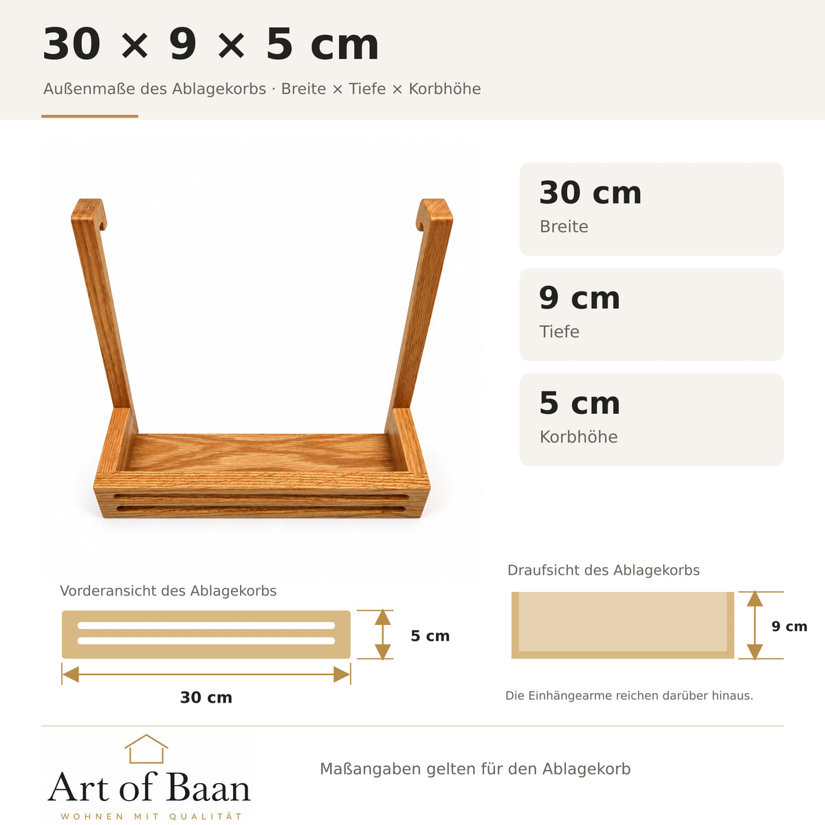 Maßgrafik des zweiteiligen Eichenholzsets: Ablagekorb außen 30 Zentimeter breit, 9 Zentimeter tief und 5 Zentimeter hoch; mit Art-of-Baan-Logo.
