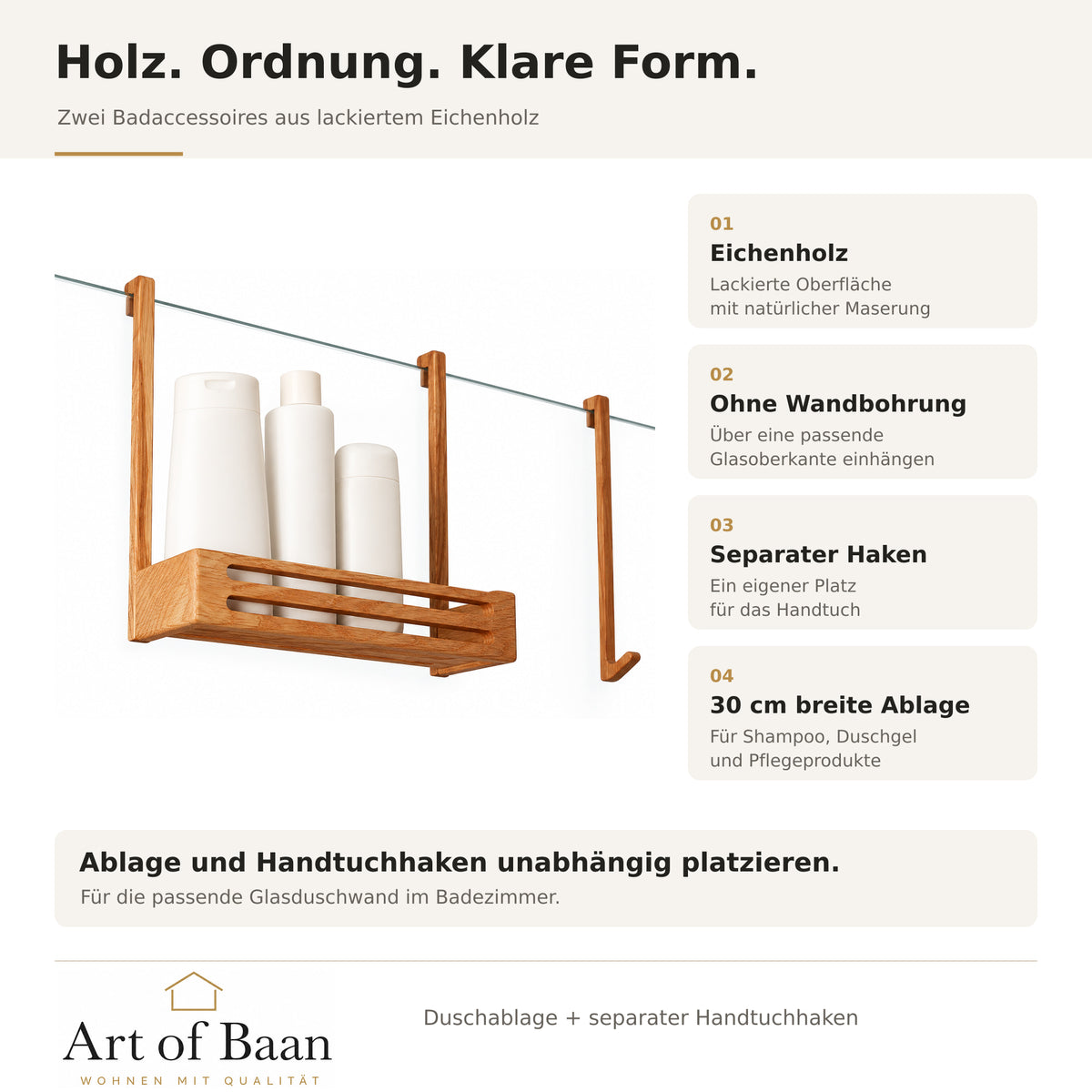 Produktvorteile des Duschablagen-Sets: lackiertes Eichenholz, Einhängen ohne Wandbohrung, separater Haken und 30 Zentimeter breiter Ablagekorb, mit Art-of-Baan-Logo.
