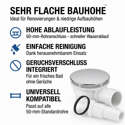 Ablaufgarnitur Dusche 90 mm – Duschablauf mit Siphon & Anschlussbogen | inkl. Chrom Deckel für Duschwanne / Duschtasse