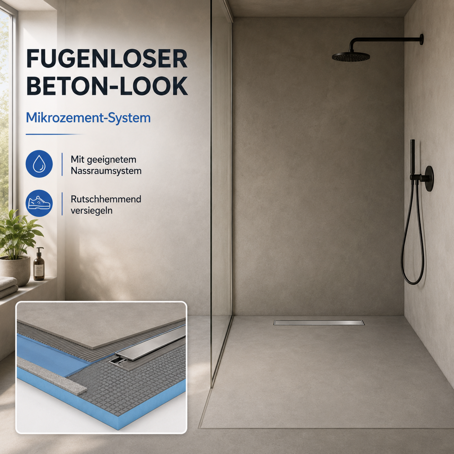 Fugenloses Bad mit XPS-Duschboard, Linearrinne und Mikrozement im Beton-Look, ausgeführt mit geeignetem Nassraumsystem und rutschhemmender Versiegelung.