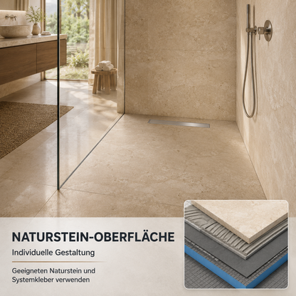 Modernes Bad mit bodengleichem XPS-Duschboard, Edelstahl-Linearrinne und Natursteinoberfläche, verlegt mit geeignetem Naturstein-Systemkleber.