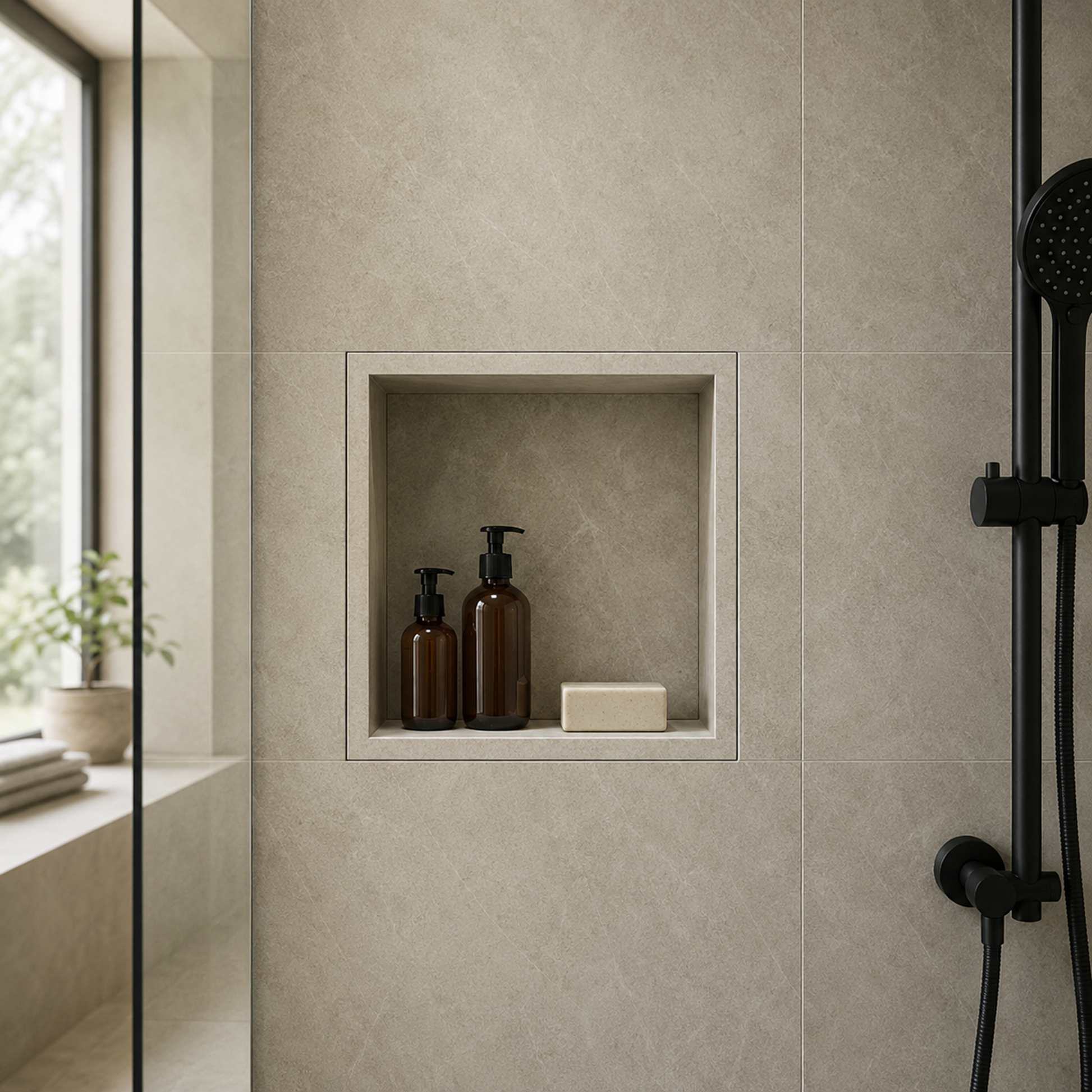 XPS Duschnische modern im Bad eingebaut mit Shampoo Ablage
