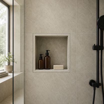 XPS Duschnische modern im Bad eingebaut mit Shampoo Ablage