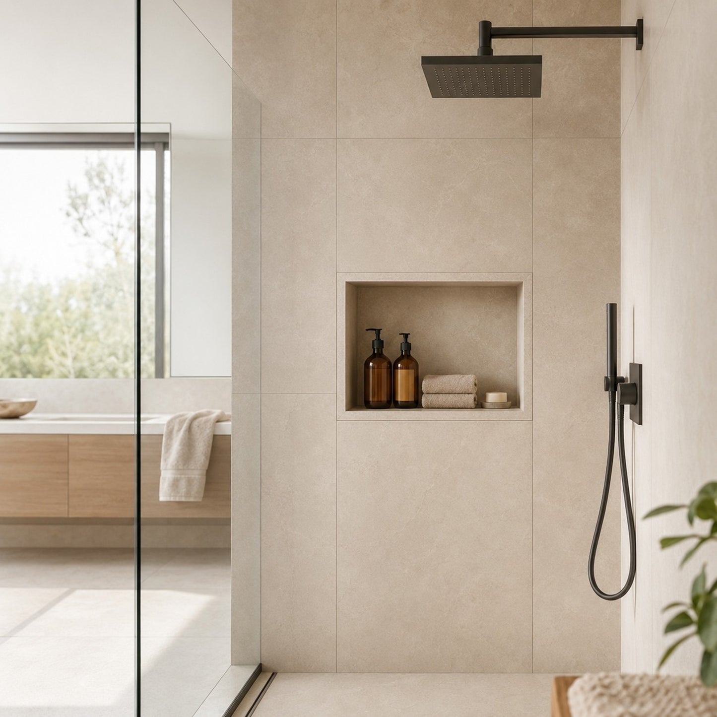 Moderne XPS Duschnische in beiger Walk-in-Dusche mit schwarzen Armaturen