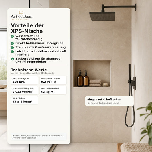 Moderne Dusche mit eingebauter XPS Duschnische, Vorteilen und technischen Werten wie wasserfest, befliesbar, 350 kPa Druckfestigkeit und 0,2 Vol.-% Wasseraufnahme.