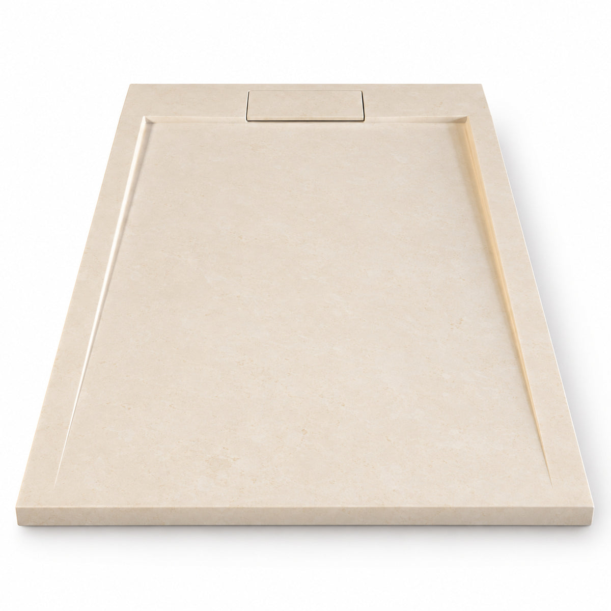 Duschwanne aus hellem Kalkstein Sunny Beige mit rechteckiger Steinabdeckung, 120 × 80 × 4 cm, auf weißem Hintergrund.
