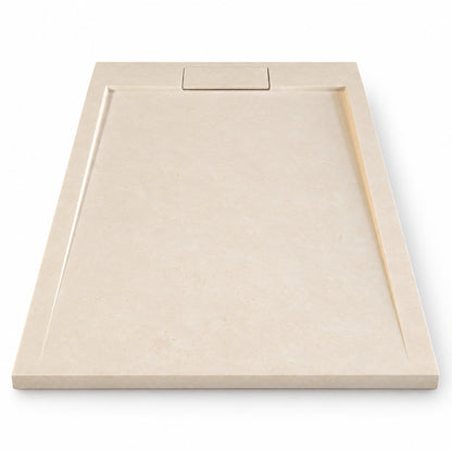 Duschwanne aus hellem Kalkstein Sunny Beige mit rechteckiger Steinabdeckung, 120 × 80 × 4 cm, auf weißem Hintergrund.
