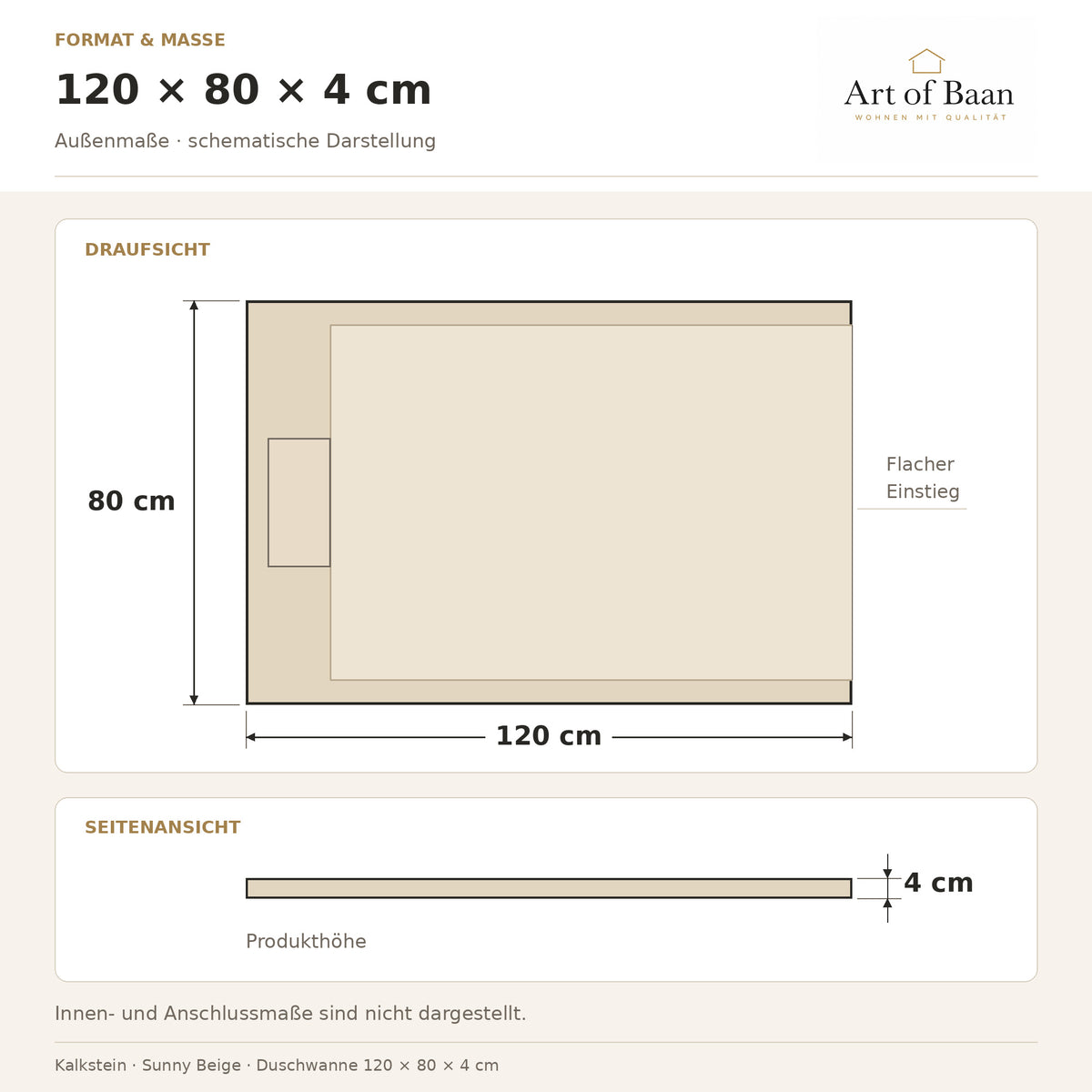 Außenmaße der Kalkstein-Duschwanne Sunny Beige: 120 × 80 × 4 cm, schematische Drauf- und Seitenansicht.
