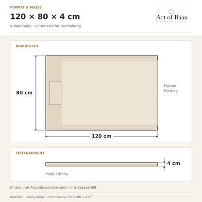 Außenmaße der Kalkstein-Duschwanne Sunny Beige: 120 × 80 × 4 cm, schematische Drauf- und Seitenansicht.
