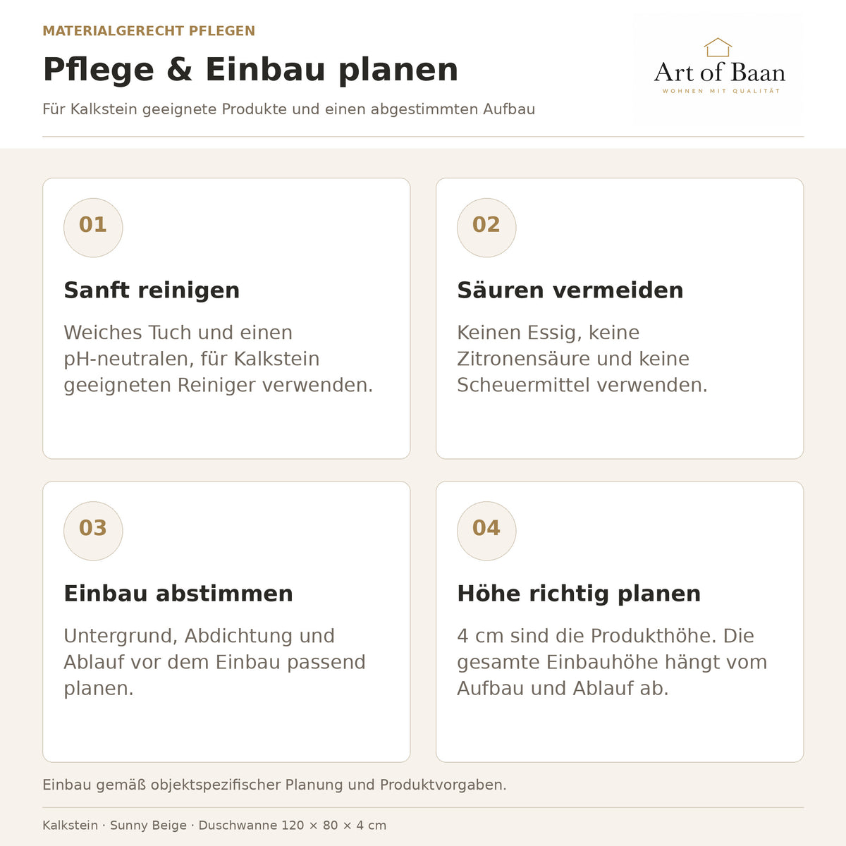 Hinweise zur Kalksteinpflege und zur Planung von Untergrund, Abdichtung, Ablauf und Einbauhöhe.
