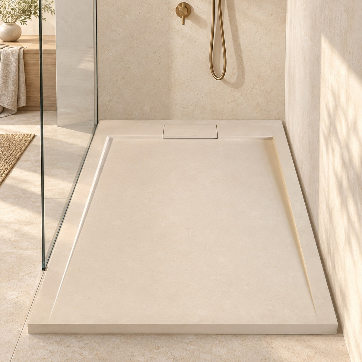 Kalkstein-Duschwanne Sunny Beige in einem hellen Duschbereich mit Glaswand und Messingarmatur.
