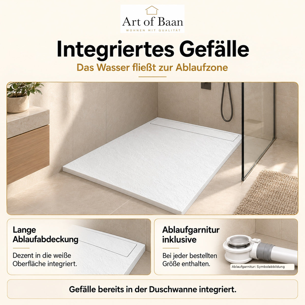 Weiße SMC-Duschwanne mit integriertem Gefälle, langer Ablaufabdeckung und enthaltener Ablaufgarnitur.