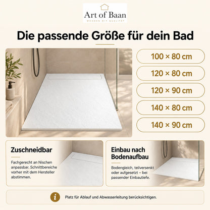 Fünf Größen der weißen SMC-Duschwanne und Hinweise zu Zuschnitt und Einbau.
