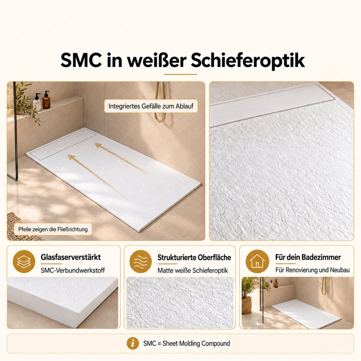 SMC-Duschwanne im Badezimmer mit Detailansichten der weißen Schieferstruktur.
