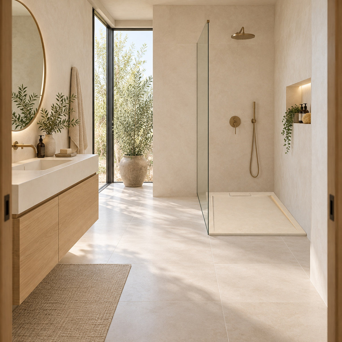 Gesamtansicht eines hellen Japandi-Badezimmers mit Holzwaschtisch und Duschwanne Sunny Beige hinter einer Glasabtrennung.
