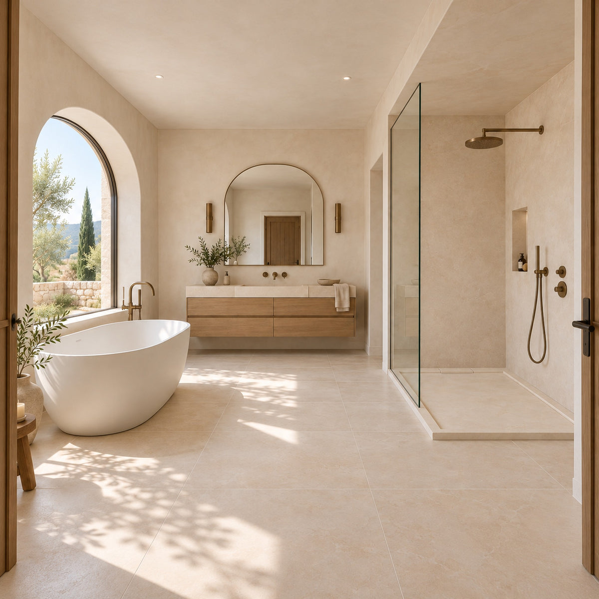 Modernes Badezimmer in warmen Cremetönen mit freistehender Badewanne und separater Dusche mit Duschwanne Sunny Beige.

