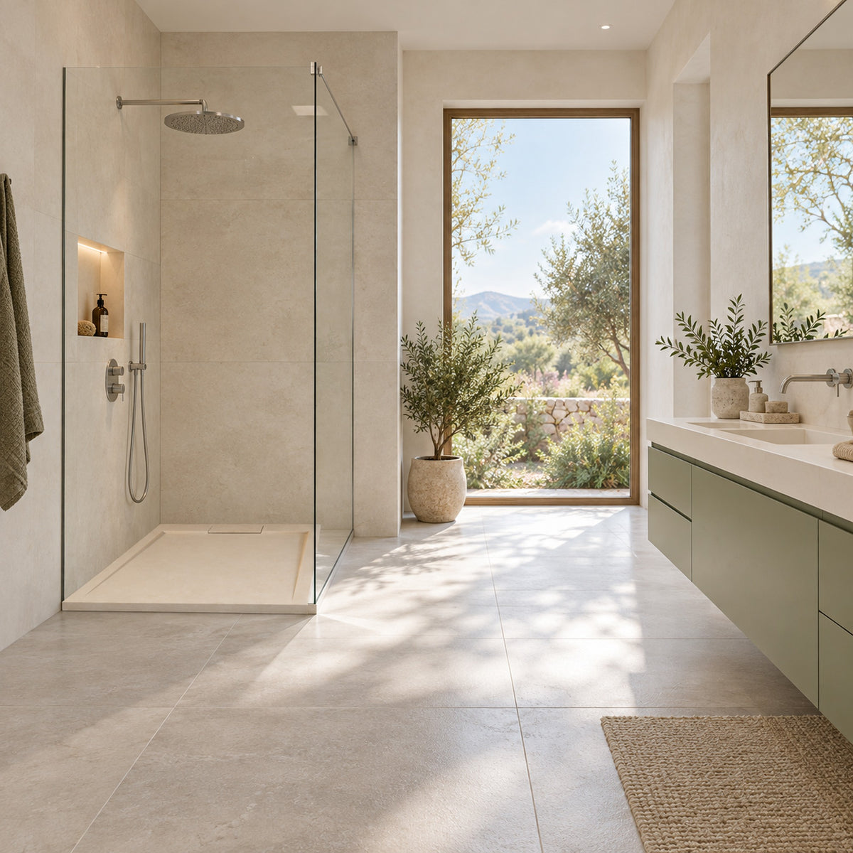 Helles modernes Badezimmer mit salbeifarbenem Waschtischmöbel und Duschwanne Sunny Beige hinter einer Glasabtrennung.
