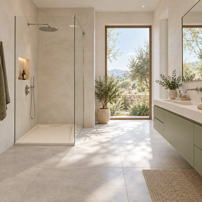 Helles modernes Badezimmer mit salbeifarbenem Waschtischmöbel und Duschwanne Sunny Beige hinter einer Glasabtrennung.
