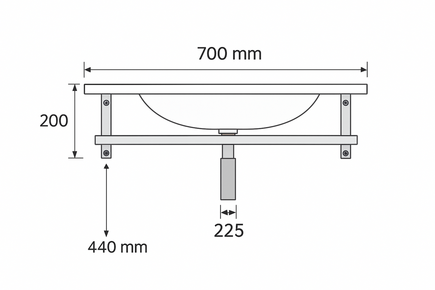 Maßzeichnung der Waschkonsole mit genauen Abmessungen von 700mm Breite und 200mm Höhe