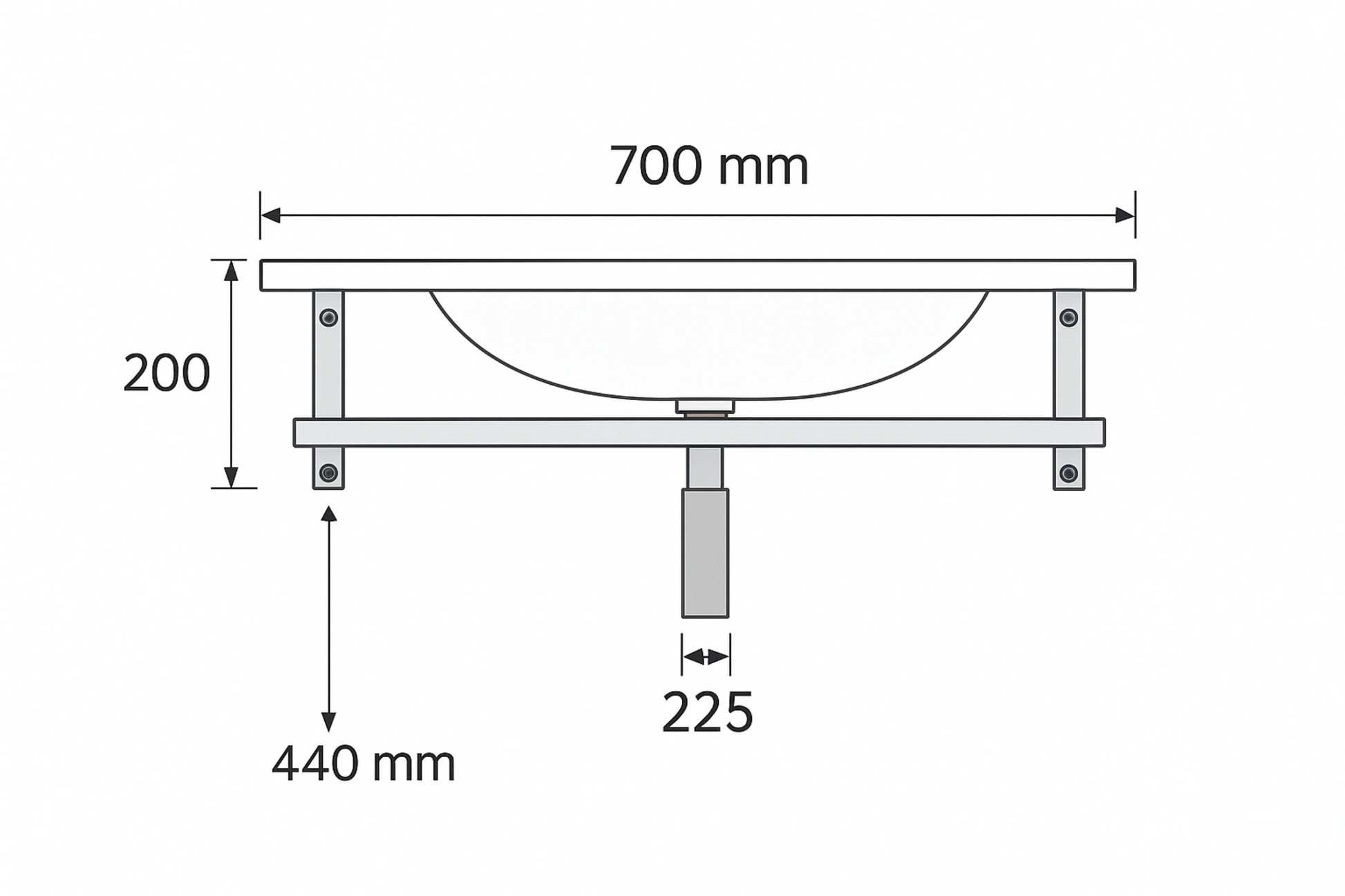 Maßzeichnung der Waschkonsole mit genauen Abmessungen von 700mm Breite und 200mm Höhe