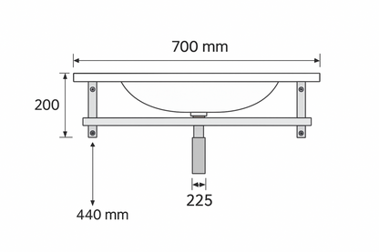 Maßzeichnung der Waschkonsole mit genauen Abmessungen von 700mm Breite und 200mm Höhe