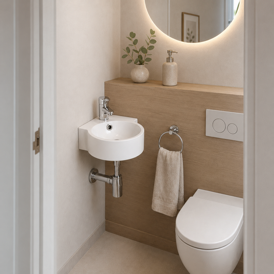 Platzsparendes weißes Eckwaschbecken aus Keramik in modernem Gäste-WC mit Holzablage, Spiegel und WC