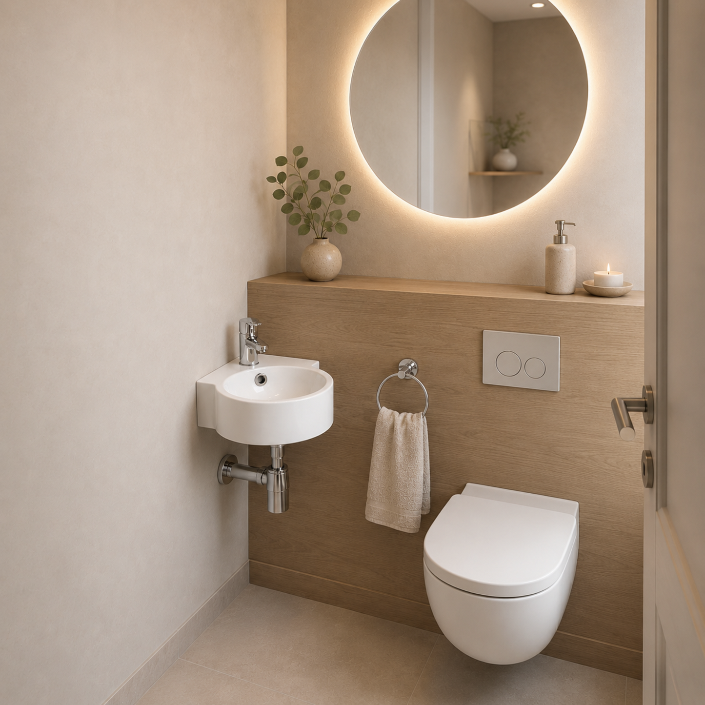 Weißes Keramik-Eckwaschbecken im modernen Gäste-WC mit Holzoptik, rundem Spiegel und platzsparender Wandmontage