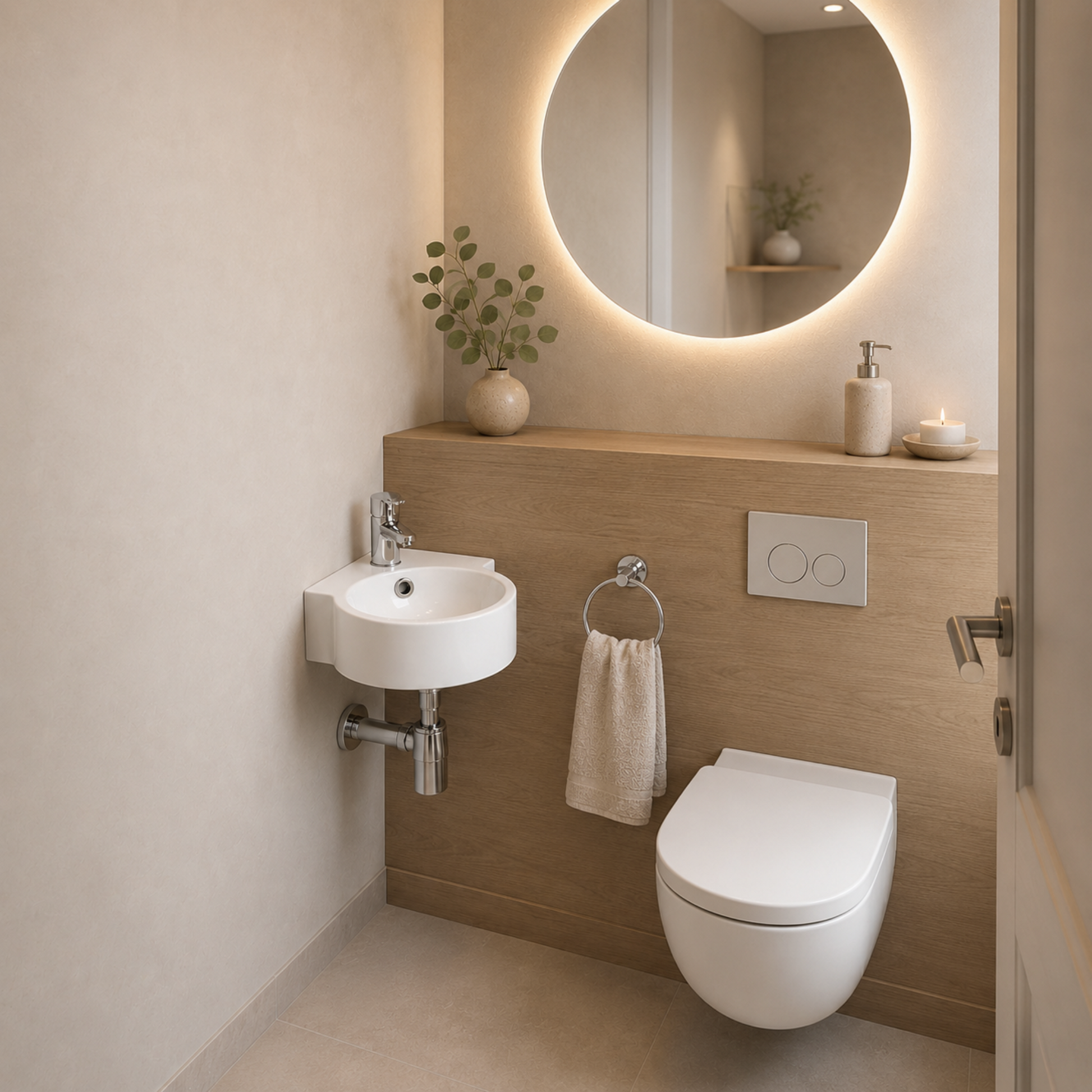 Weißes Keramik-Eckwaschbecken im modernen Gäste-WC mit Holzoptik, rundem Spiegel und platzsparender Wandmontage