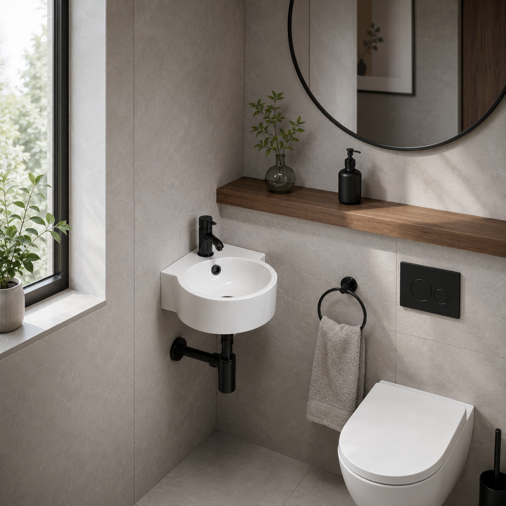 Weißes Keramik-Eckwaschbecken in modernem Bad mit schwarzer Armatur, Holzablage und platzsparender Eckmontage