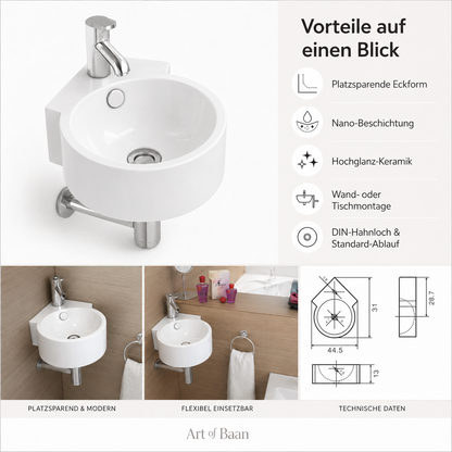 Eckwaschbecken Keramik Weiß 44,5 × 31 cm mit Nano-Beschichtung – platzsparendes Gäste-WC Waschbecken für Wand- oder Tischmontage