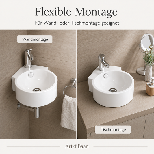 Eckwaschbecken Keramik Weiß 44,5 × 31 cm mit Nano-Beschichtung – platzsparendes Gäste-WC Waschbecken für Wand- oder Tischmontage