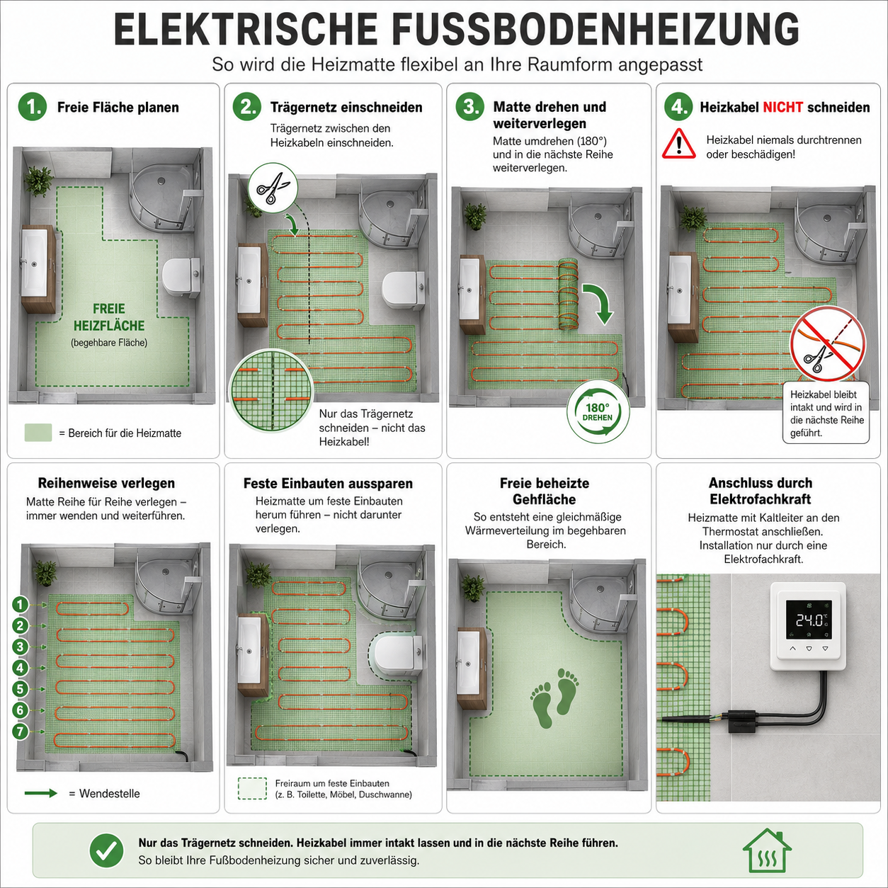 Elektrische Fußbodenheizung Heizmatte 150 W/m² im Bad verlegen und durch Einschneiden des Trägernetzes flexibel an die Raumform anpassen