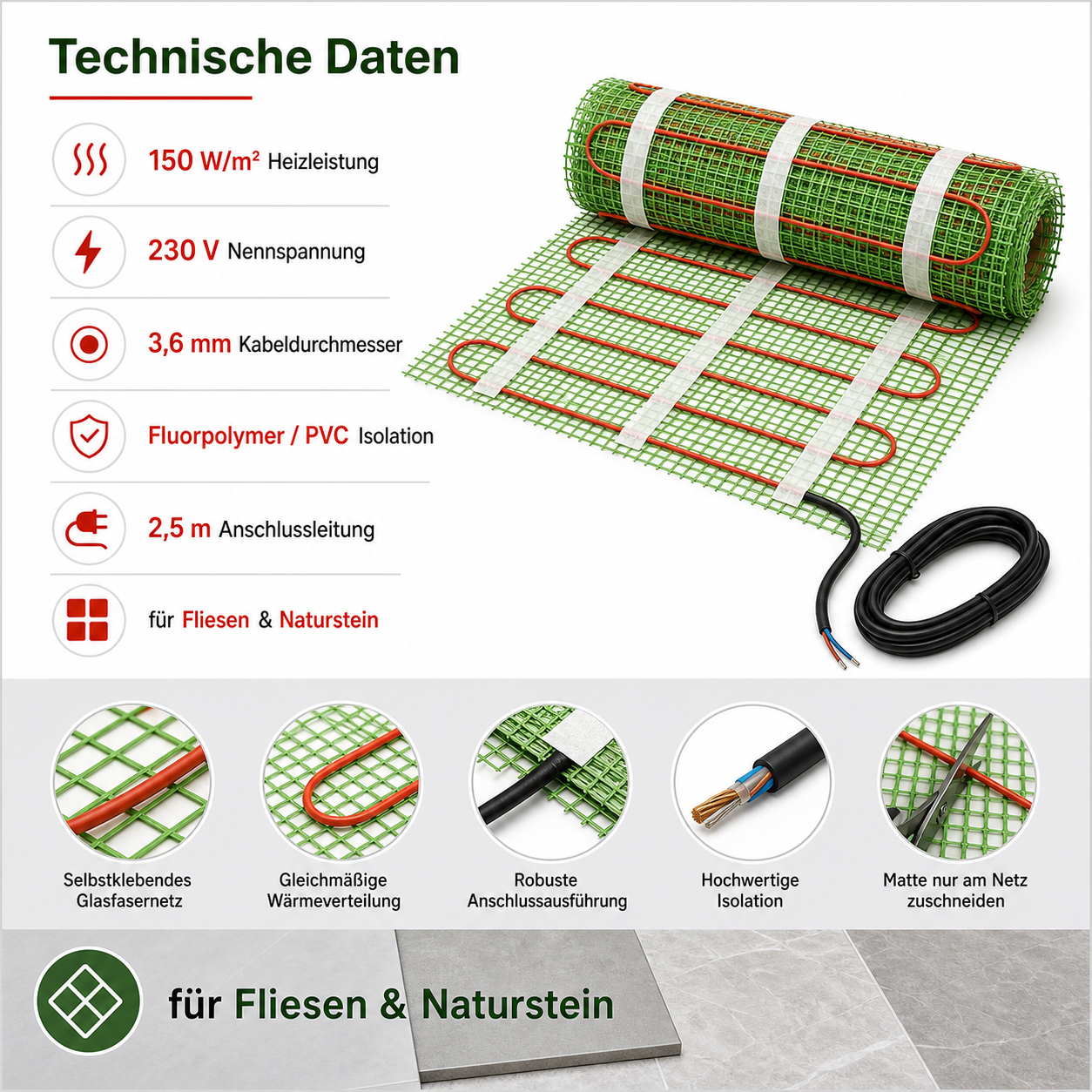 Technische Daten der elektrischen Fußbodenheizung 150 W/m² mit 230 V, 3,6 mm Heizkabel und 2,5 m Anschlussleitung