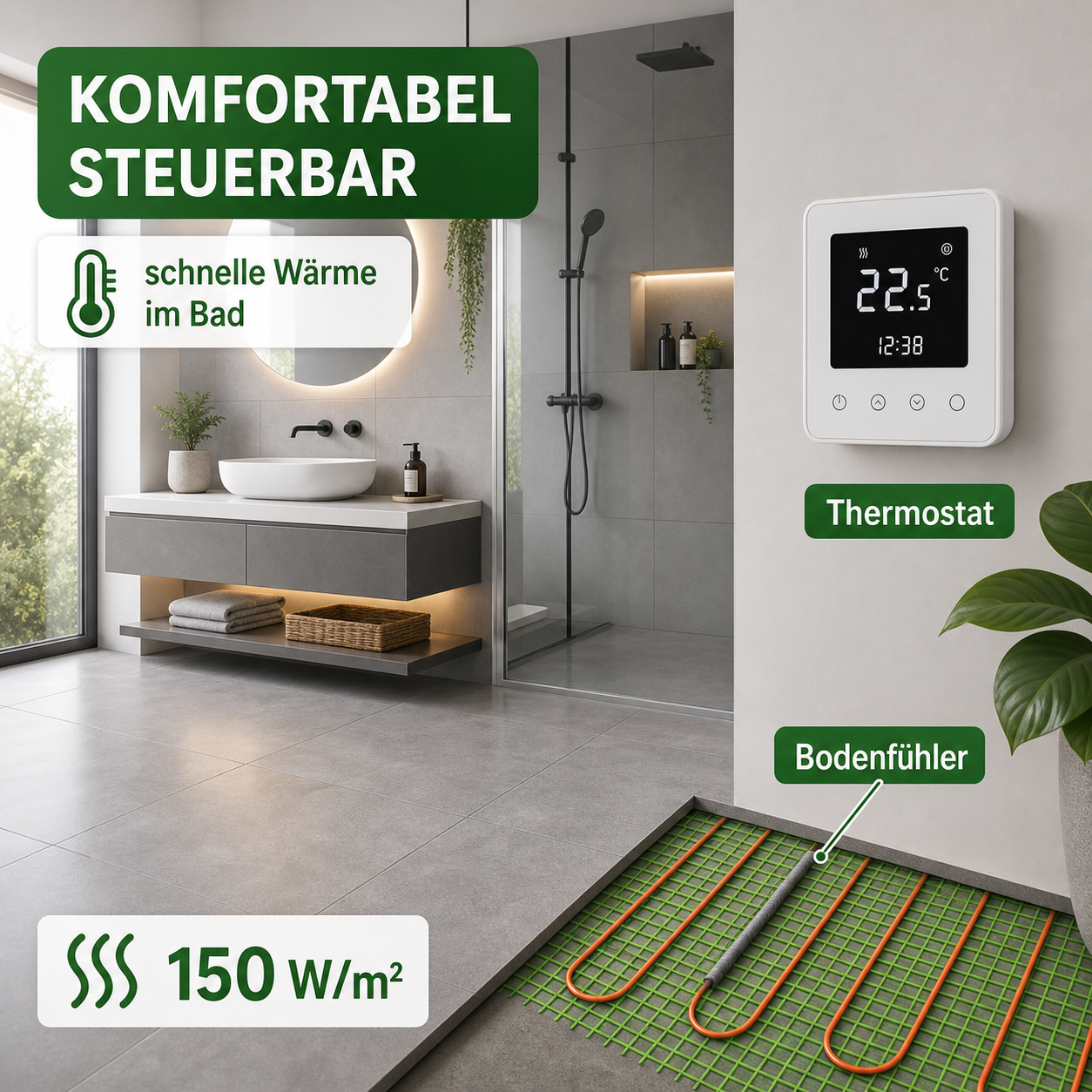Elektrische Fußbodenheizung 150 W/m² im Bad mit Thermostat und Bodenfühler