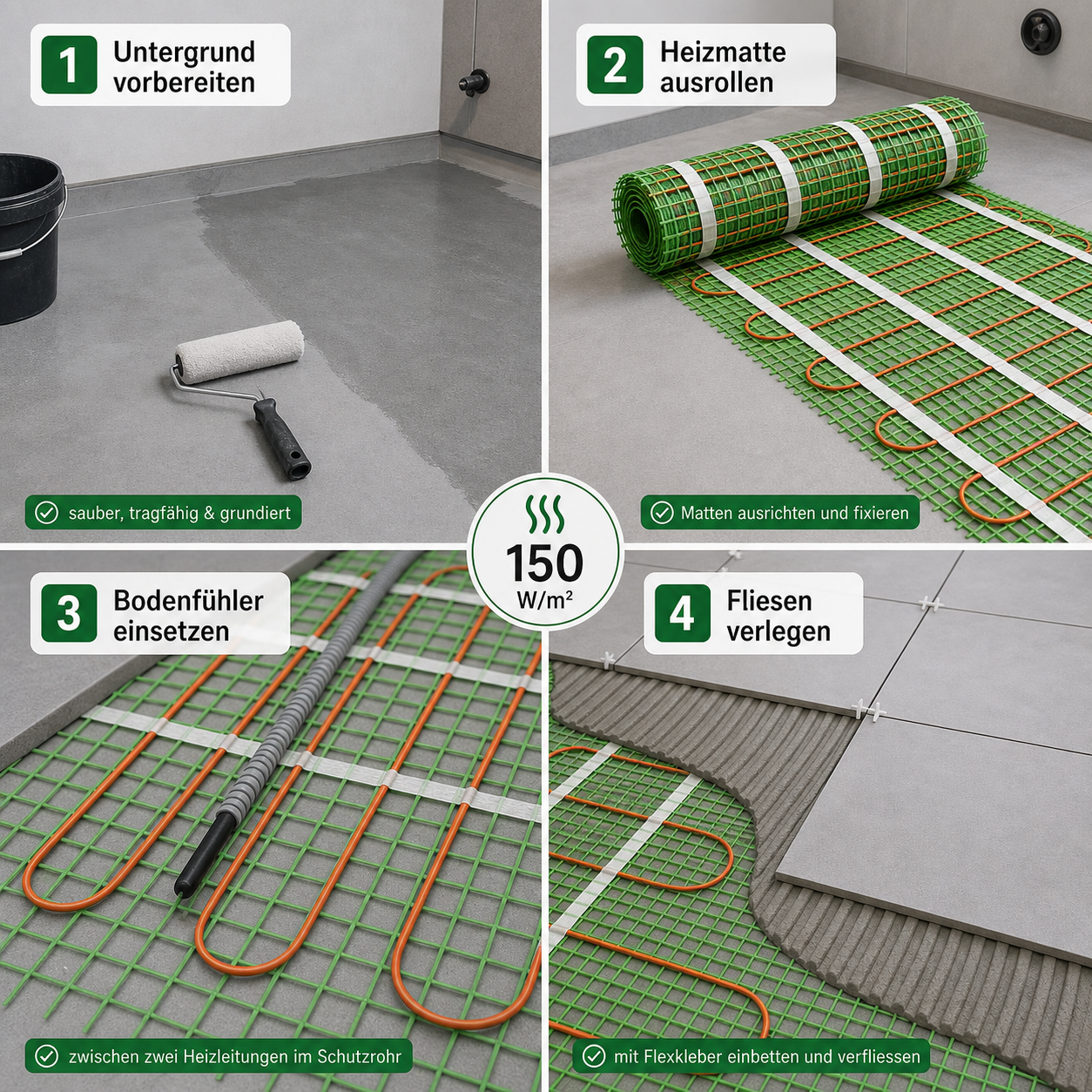 Schritt für Schritt Verlegung einer grünen elektrischen Heizmatte 150 W/m² im Bad