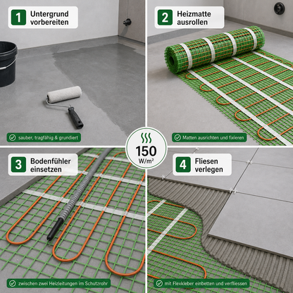 Schritt für Schritt Verlegung einer grünen elektrischen Heizmatte 150 W/m² im Bad