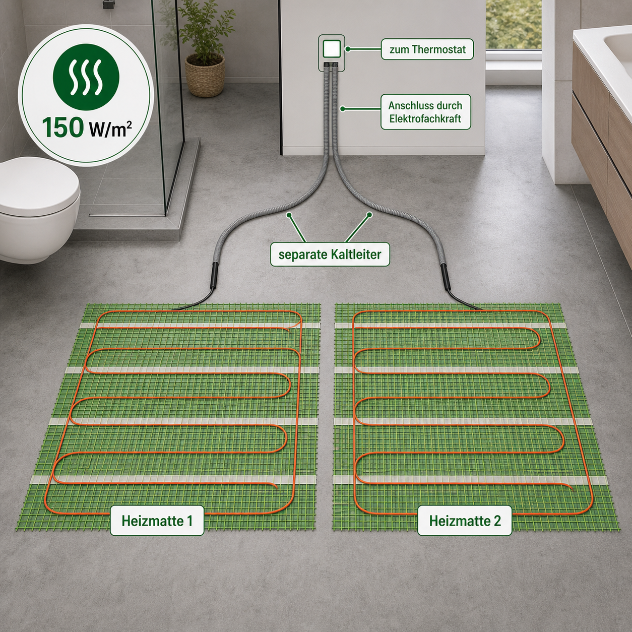 Zwei grüne Heizmatten 150 W/m² mit separaten Kaltleitern zum Thermostat