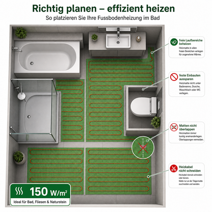 Elektrische Heizmatte im Bad richtig planen und feste Einbauten aussparen