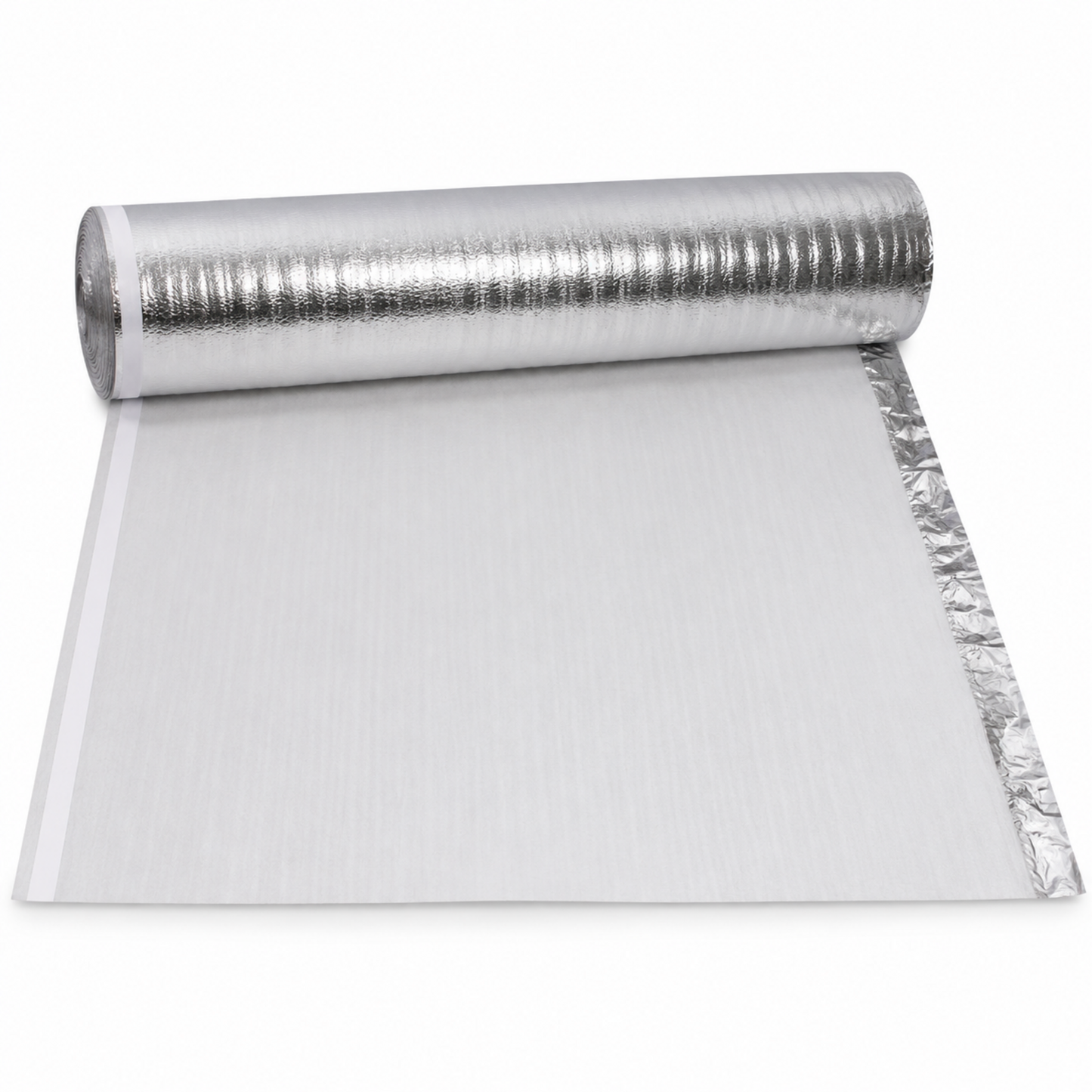 Weiße EPE-Trittschalldämmung 2 mm mit Aluminiumfolie, seitlichem Überlappungsrand und Klebestreifen als Rolle
