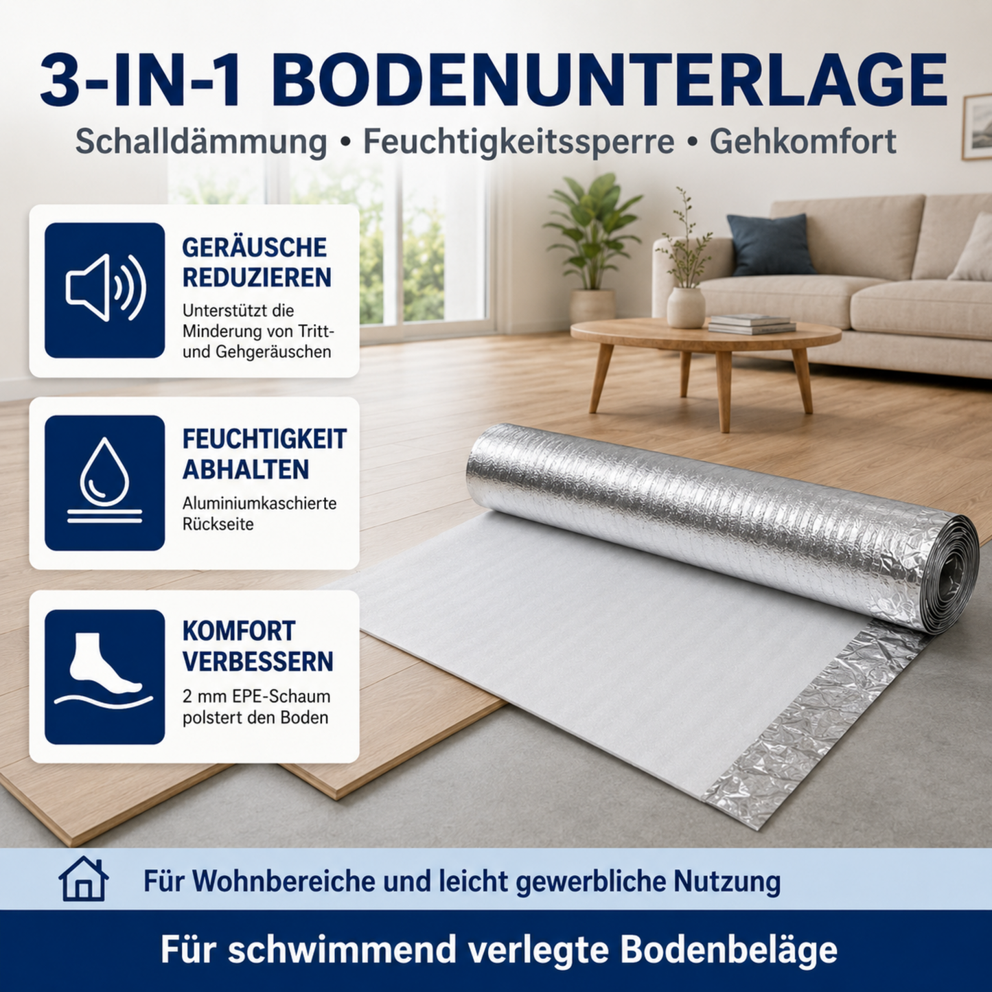 EPE-Bodenunterlage mit Schalldämmung, Aluminium-Feuchtigkeitssperre und polsterndem Gehkomfort