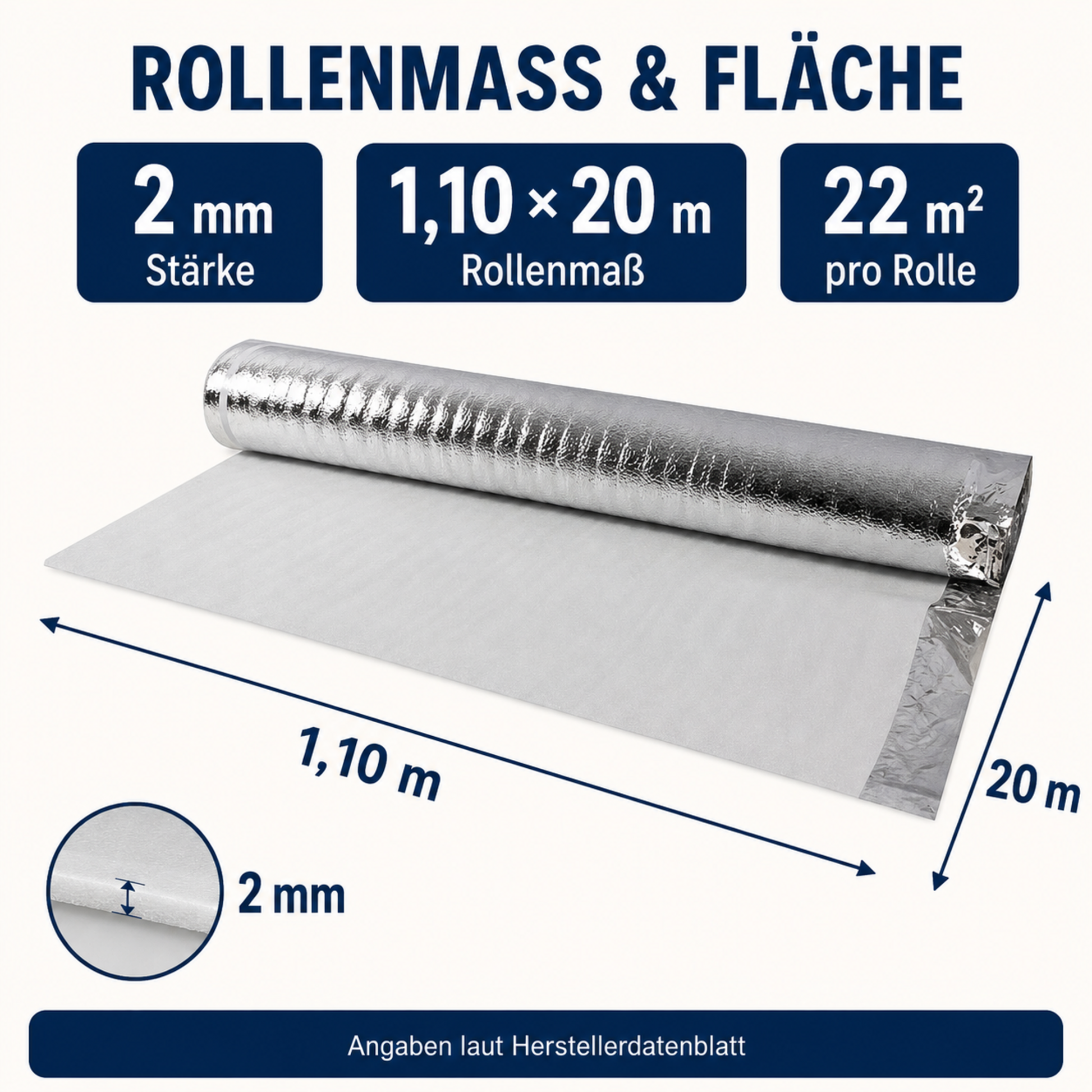EPE-Trittschalldämmung mit Rollenmaß 1,10 × 20 m, 2 mm Stärke und 22 m² Fläche pro Rolle