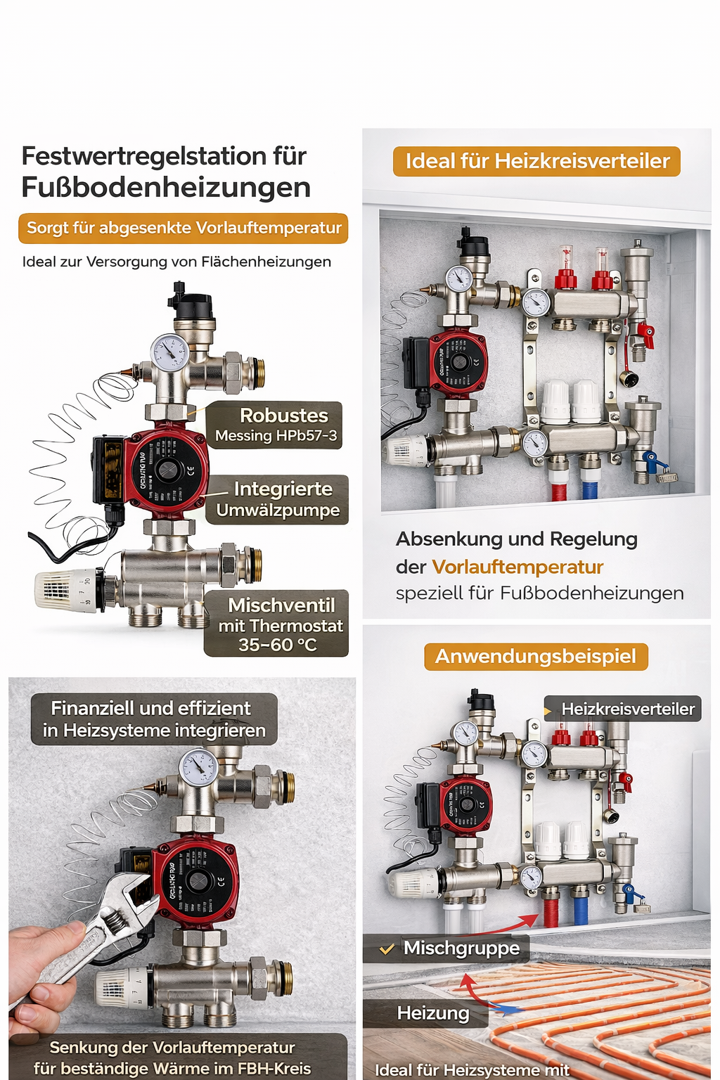 Festwertregelstation für Fußbodenheizung – Mischgruppe mit Umwälzpumpe & Thermostat | Pumpengruppe zur Temperaturregelung für Heizkreisverteiler
